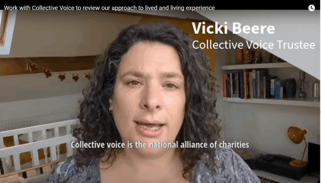 Screenshot of video of a woman speaking to camera with the caption 'Vicki Beere Collective Voice Trustee' and subtitle 'Collective Voice is the national alliance of charities'.