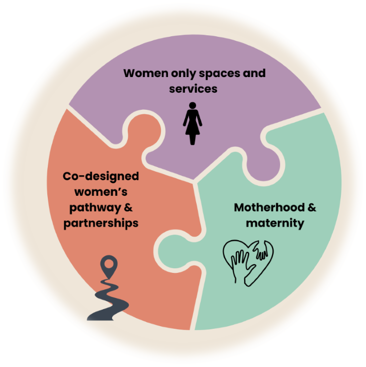 A circular diagram showing three categories with the following text: Women-only spaces and services; Motherhood and maternity; Co-designed women's pathway and partnerships.